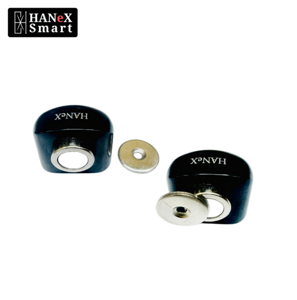 HANeX 44 BLACK Floor Stopper installed on floor protecting wall from door handle impact
